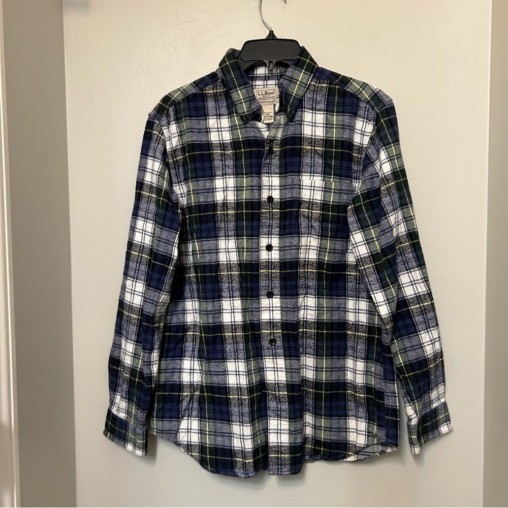 L.L. Bean Shirt Mens Size S Flannel Traditional Fit Plaid Multicolor Green‎ Blue